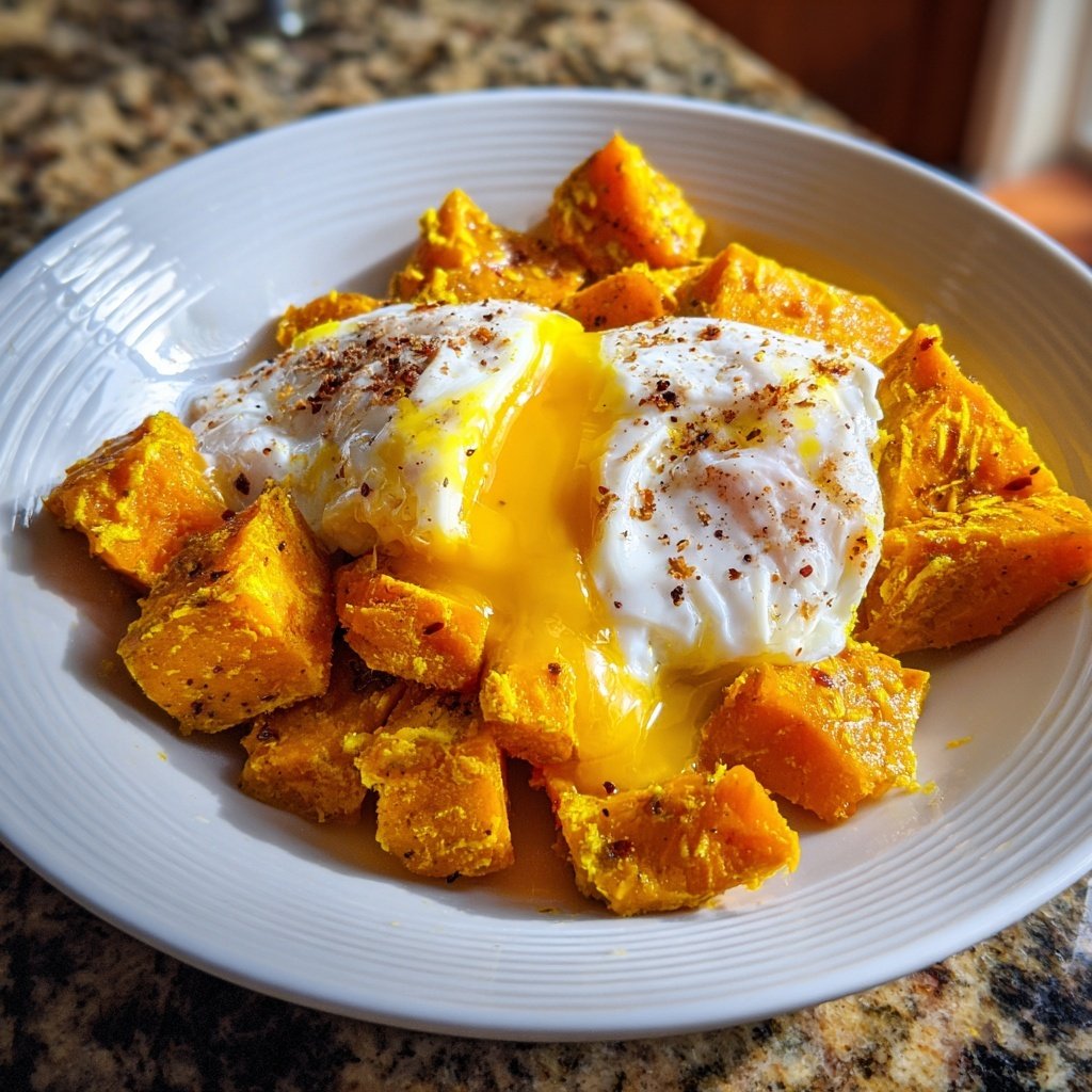 Turmeric Sweet Potatoes Poached Eggs